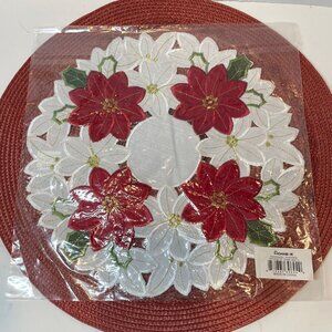 Christmas Table Topper With Red Poinsettias & White Floral Embroidery 15" Round
